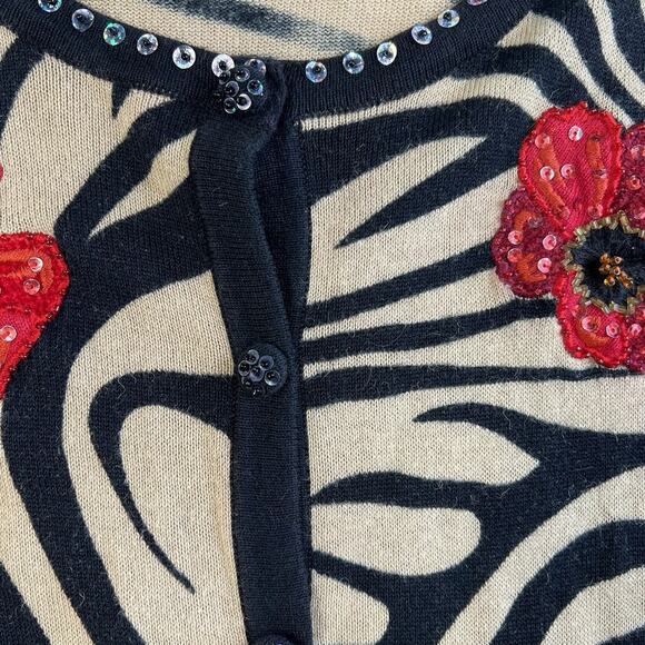 Vintage XL Cardigan Sequin Poppy Flowers Zebra Print Button Jack B. Quick Classy - Picture 6 of 16